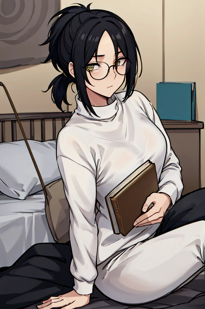 mature woman, hair over one eye, golden eyes, Tomboy, sitting on the ground, white sweater, black sweatpants, looking at viewer, bed, black short hair with a ponytail, books lying around, bedroom background, round glasses, bags under eyes, tired, reading a book