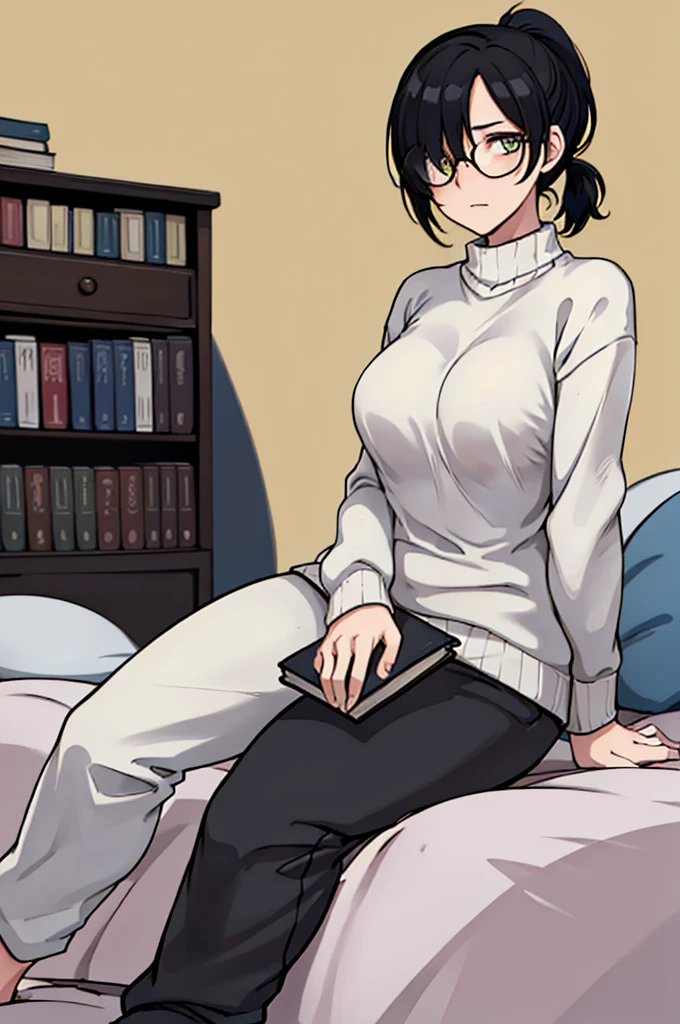 mature woman, hair over one eye, golden eyes, Tomboy, sitting on the ground, white sweater, black sweatpants, looking at viewer, bed, black short hair with a ponytail, books lying around, bedroom background, round glasses, bags under eyes, tired, reading a book