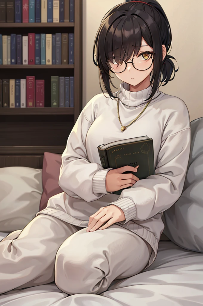 mature woman, hair over one eye, golden eyes, Tomboy, sitting on the ground, white sweater, black sweatpants, looking at viewer, bed, black short hair with a ponytail, books lying around, bedroom background, round glasses, bags under eyes, tired, reading a book
