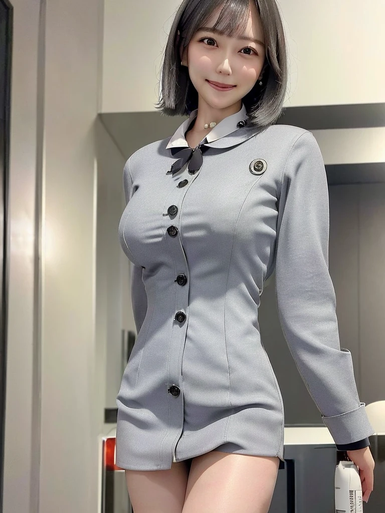 Highest quality、masterpiece、8k、Very detailed、Realistic、(One girl)、(Looking at me with a smile:1.5)、whole body、(Black Hair)、Short Hair、Small face、(Slender:1.2)、(Big Breasts:1.2)、(White business shirt with buttons and a collar:1.2)、(short tight skirt in gray,:1.2)、(Grey business jacket:1.2)