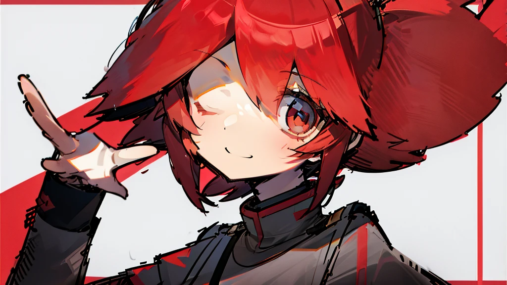 Red hair, waving, smiling, female
