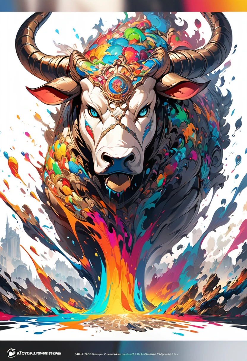Ink Art, A bull's head, ((White background)), Sharp eyes, Epic Instagram, Art Station, Colorful paint splash style, contour, Extremely detailed and complex , Unreal Engine, Amazing, Intricate details, Startup Screen, Complementary colors, Fantasy concept art, 8K resolution, deviantart masterpiece, painting, Heavy Attack, Paint dripping, Ink Art