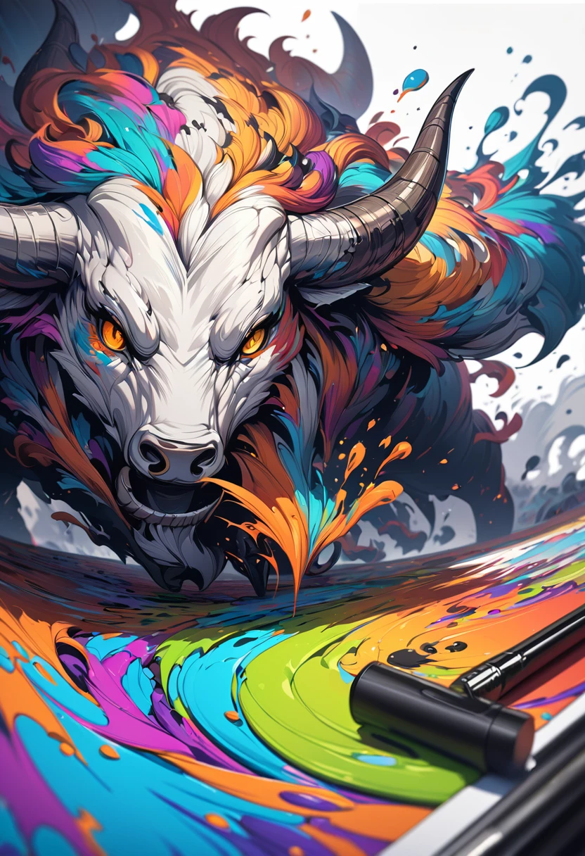 Ink Art, A bull's head, ((White background)), Sharp eyes, Epic Instagram, Art Station, Colorful paint splash style, contour, Extremely detailed and complex , Unreal Engine, Amazing, Intricate details, Startup Screen, Complementary colors, Fantasy concept art, 8K resolution, deviantart masterpiece, painting, Heavy Attack, Paint dripping, Ink Art