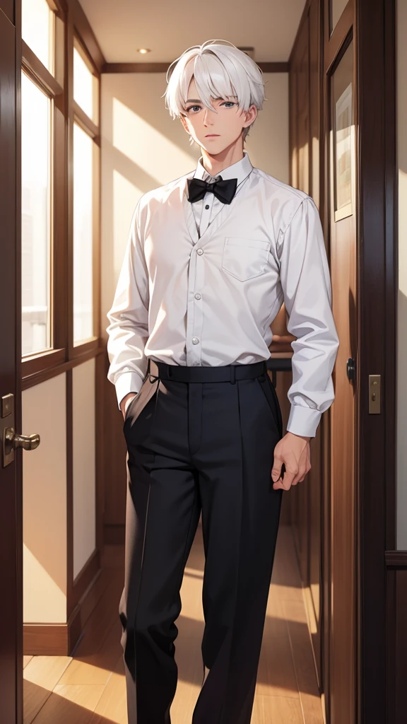 A small, white-haired, handsome man.