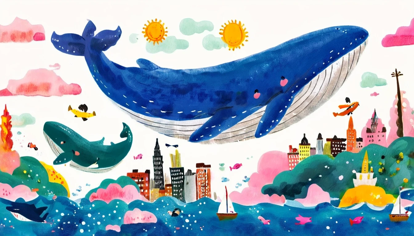 Whales Flying Over Manhattan、J_drawing、Children's Illustration Style、dw01-3400
