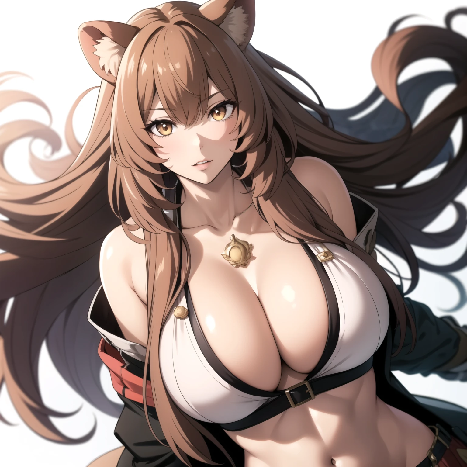 Raphtalia woman 35 years old, Voluminous brown hair, by the floating, lion ears, voluminous fur, big breasts, ropa de pieles escotada, gotas de sudor en cuerpo, cuerpo sucio y con heridas, cuerpo sucio, fondo un pantano.