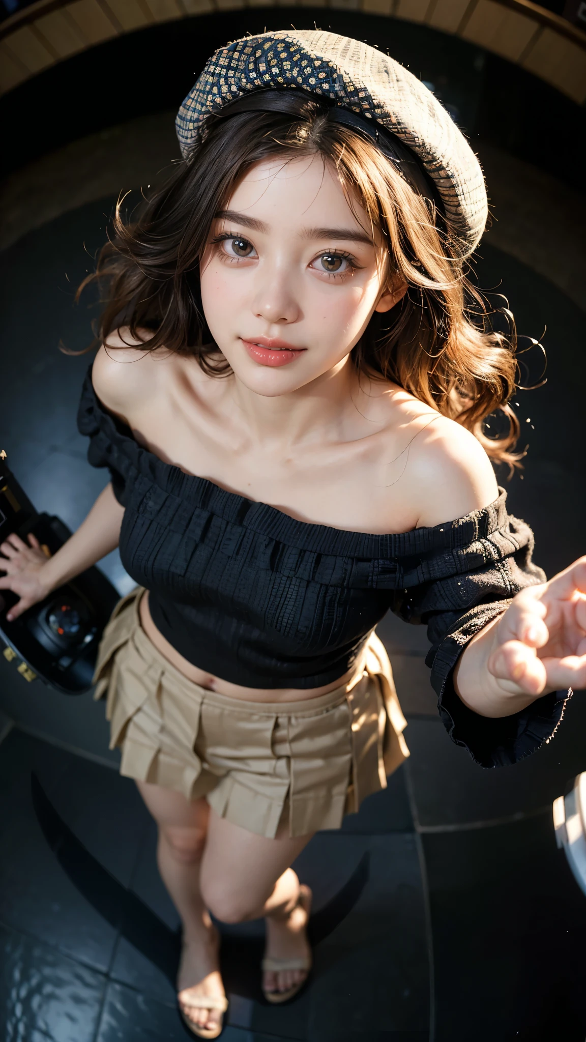 Highest quality, masterpiece, Ultra-high resolution,8k, (Realistic:1.6), (Close-up portrait:1.4) RAW Photos,((Omotesando駅))、 ((Off-the-shoulder pleated mini skirt)),((Nipples seem to be visible)),((Full body photo)),1 person,Omotesando,A slender adult 26-year-old woman,(Full of smiles, )) ,((Loose curls and a beret)),((Looking up at the audience)),Face Focus:1.4,((Shooting from above with a fisheye lens:1.4)),