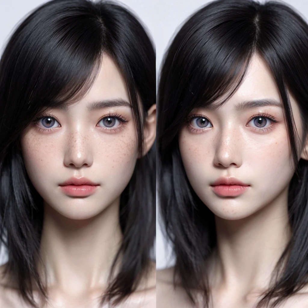 Closeup of an Asian woman with long black hair, grayish blue eyes, thin face, pale skin pastel pink, South Korean popular makeup, freckles on the cheeks