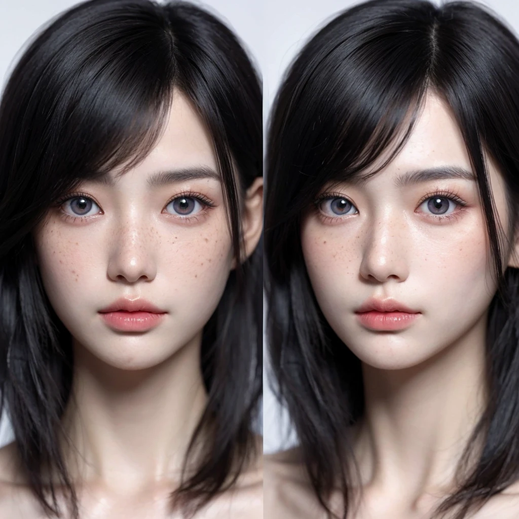 Closeup of an Asian woman with long black hair, grayish blue eyes, thin face, pale skin pastel pink, South Korean popular makeup, freckles on the cheeks