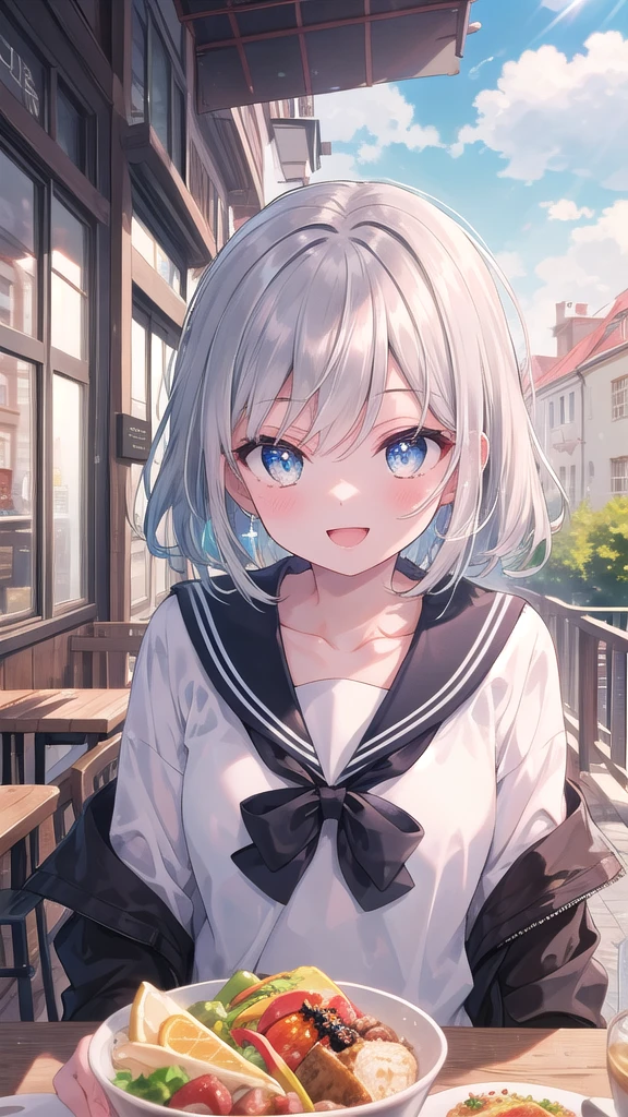 (8k, best quality, master piece: 1.2),super high resolution,1 girl, 独奏, colorshift eyes, hyperdetailed, expressive eyes, ultra-detailed face, Summer Clothes Sailor、Random hairstyle、silver gay hair, cafe,Terrace seats、 sunshine, Collarbone, Ecstatic expression, lunch