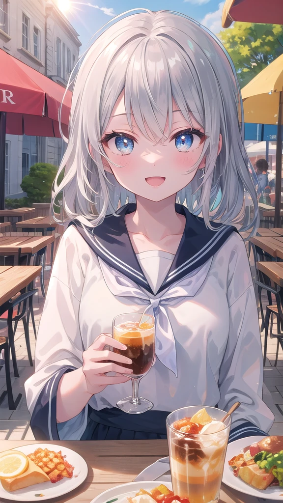 (8k, best quality, master piece: 1.2),super high resolution,1 girl, 独奏, colorshift eyes, hyperdetailed, expressive eyes, ultra-detailed face, Summer Clothes Sailor、Random hairstyle、silver gay hair, cafe,Terrace seats、 sunshine, Collarbone, Ecstatic expression, lunch