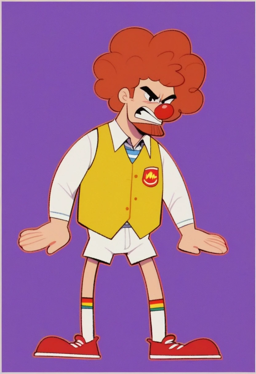 ronald_mcdonald, solo, simple background, shirt, long sleeves, 1boy, full body, male focus, red hair, striped, collared shirt, purple background, yellow vest with red outline on center and Mcdonalds logo on the right, afro, clown, angry expression, red nose, facial hair, face paint, red and white striped long sleeved shirt underneath vest, fat, white underwear, no pants