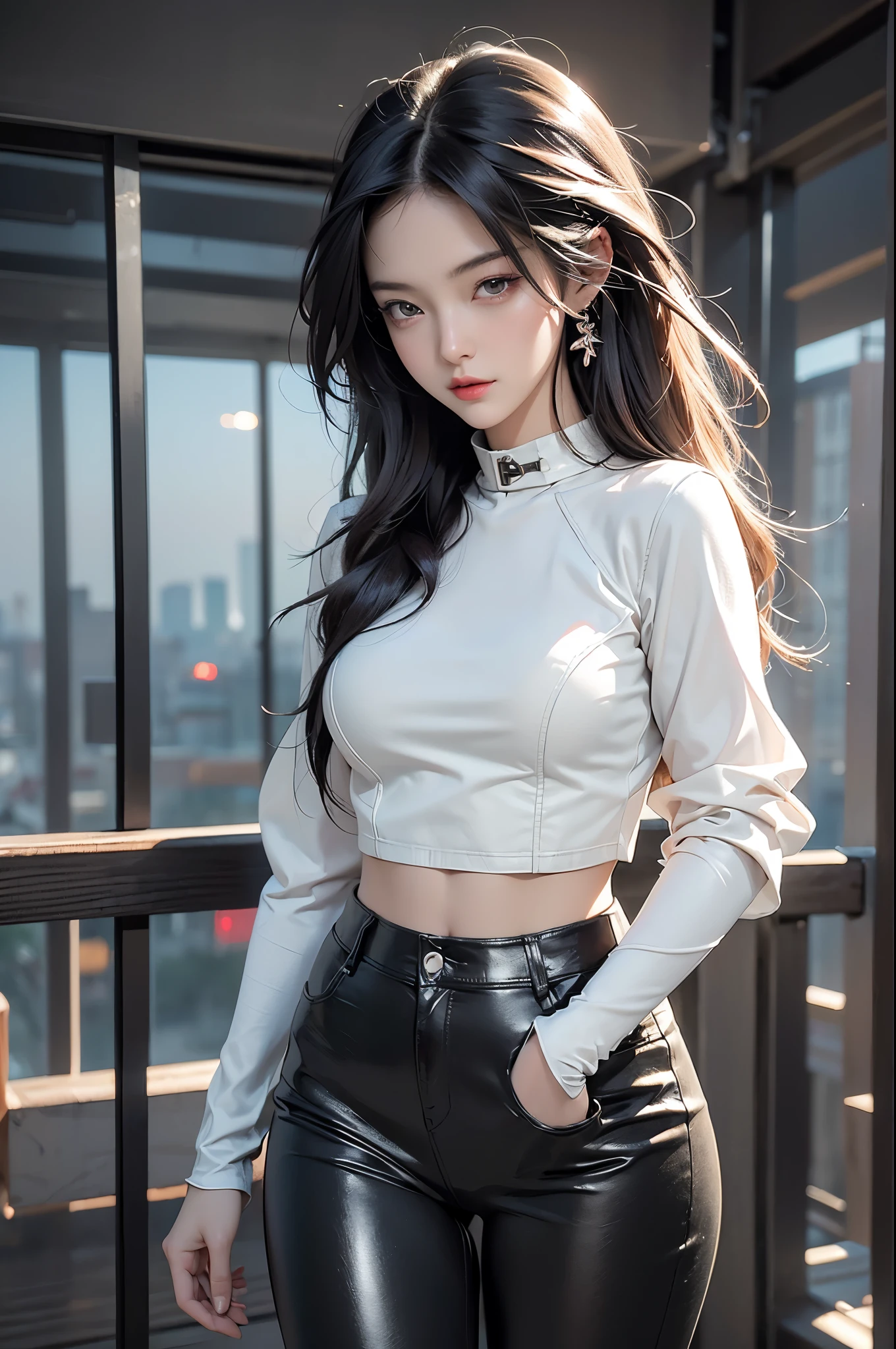 (best quality,4K,8K,high resolution,masterpiece:1.2),Extremely detailed,(Practical,photoPractical,photo-Practical:1.37), Attractive devil girl, Slim and thick body waifu, leather jacket, Leather pants, feminine curves, Futuristic decorations, Ultra-detailed futuristic cityscape, Made in digital vector art style, Eye-Catching Composition, Superb artistic expression, Energetic, Fascinating, Anime realism by artgerm and Ayami Kojima, Ultra HD, Clear focus