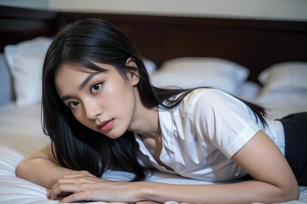 1girl, thai university uniform:1.3, 8k, high detail, high quality, realistic, slim and perfect figure, perfect body proportions, cinematic lighting, long exposure, selective focus on face, white short-sleeve button up shirt, black tight mini skirt, 1 brown suede belt, black messy long straight hair, silver metal shirt buttons, in dark bedroom:1.3, face expression of suffering:1.4, portrait, open eyes a little:1.4, open mouth a little:1.4, close up on face, sleeping face:1.4, tired face:1.4, lying on the bed:1.5, Expression of debauchery:1.4, side angle:1.3, face side:1.4