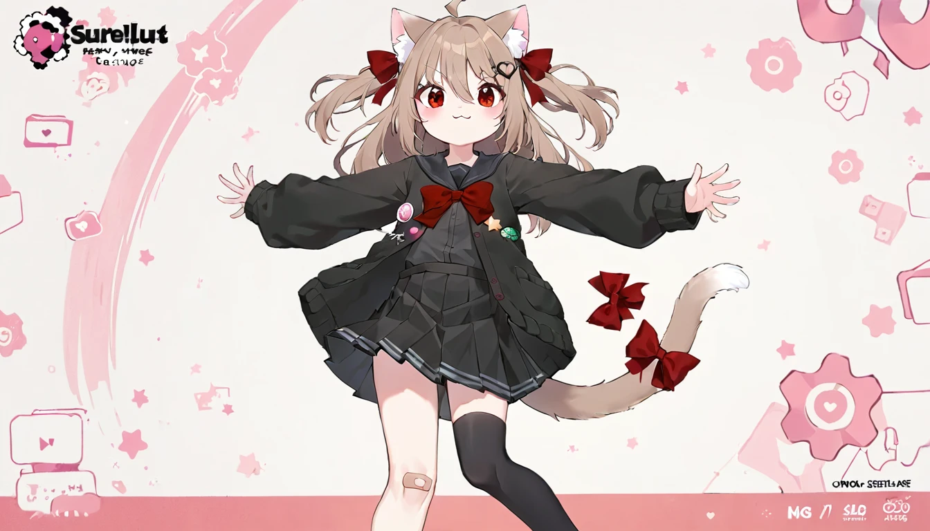 1girl, evil neuro-sama, red eyes, light brown hair, ahoge, two side up, hair ribbon, dark red ribbon, heart hair ornament, black cardigan, open cardigan, black sailor collar, long sleeves, red bow, heart, button badge, star \(symbol\), drone, the number "1" on a badge, turtle, black skirt, pleated skirt, asymmetrical legwear, black thighhighs, black kneehighs, bandaid on knee, grey footwear, loafers,cat ears, cat tail, tail bow, :3,(SuperQuality:1.0) ~ (SuperQuality:1.2)