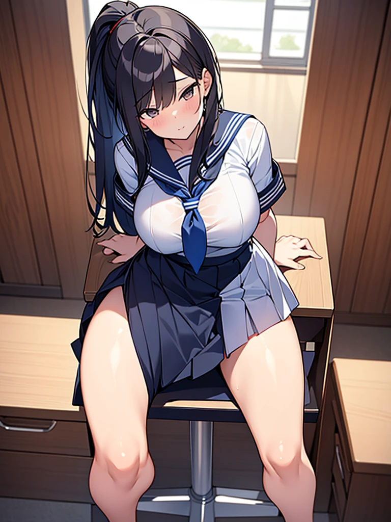 NSFW:1.9. Student council room: sex from behind:1.9 tall women:1.9 Penis inserted into pussy:1.9. Leaning face down on a conference room desk:1.9 Tall, well-built, adult woman, bottom view, white summer sailor uniform, navy blue skirt, short black hair, ponytail:1.9 Long hair Straight hair Hair tie Swept bangs to the side:1.9. Slanted eyes, brown eyes, tall, strong-willed, beautiful, large breasts, white underwear