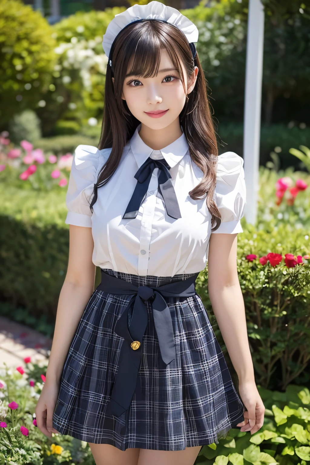 A young female character is standing wearing a maid costume.、Brightly lit interior with lush plants in the background。She has long, straight black hair with bangs.、She is wearing a blue plaid dress with gold buttons.、She is wearing a white sheer blouse with ruffled cuffs underneath。The dress has a fitted bodice and a white apron.、A pink ribbon is tied around the waist。Also、Wearing a white ruffled maid headband。Her face is soft and gentle、She has a slight smile and large, expressive brown eyes.。The lighting is bright、It creates a fresh and bright atmosphere.、Natural light from the left highlights her face and outfit.。In the background is a beautiful rose garden.、It enhances the indoor garden atmosphere of the scene.。

