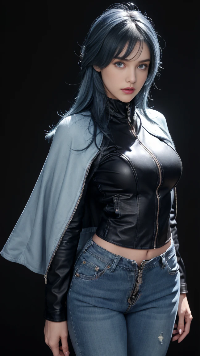 8K, Top Quality, Intricate Details, Ultra Detail, Ultra High Resolution, Masterpiece, close up shot, (full body: 1.1), (()), Slender, Smile, (Makeup: 0.4), ), (Fluffy Eyes: 1.21), (((( )))), 1girl, solo, 1 girl, ((blue hair, (long hair), (bangs), bangs,, , blue eyes,)), close up shot, , ((tall)), (((fit body))), (((slim face))), sharp face, ((, Leather jacket with zipper fully open, denim pants, low pants, unzip pants, Super low rise pants:1.5, Pants that fit the hips:1.5, Low Waist Pants, Unzipping pants:1.6),(Open the bottom zipper:1.5), (pull your pants down a little))), (detailed face), sharp face, small lips, (( )), walking pose, walk pose, wind blow, strong wind, wind blow hair, wind blow cape,
((,)), , ((,)), detailed face, detailed breast, , ((large breast, huge breast)), detail ass, Narrow Waist, Skinny, slim tall , 195 cm tall, Muscular, Navel, Exposed Abdomen, Pointed Chest,, Beautiful girl with accentuated slender abs: 1.4, Six Pack Abs: 1.4, Bust Botox, Big, Perfect Body, detail leg, (( dark background)), black background,
