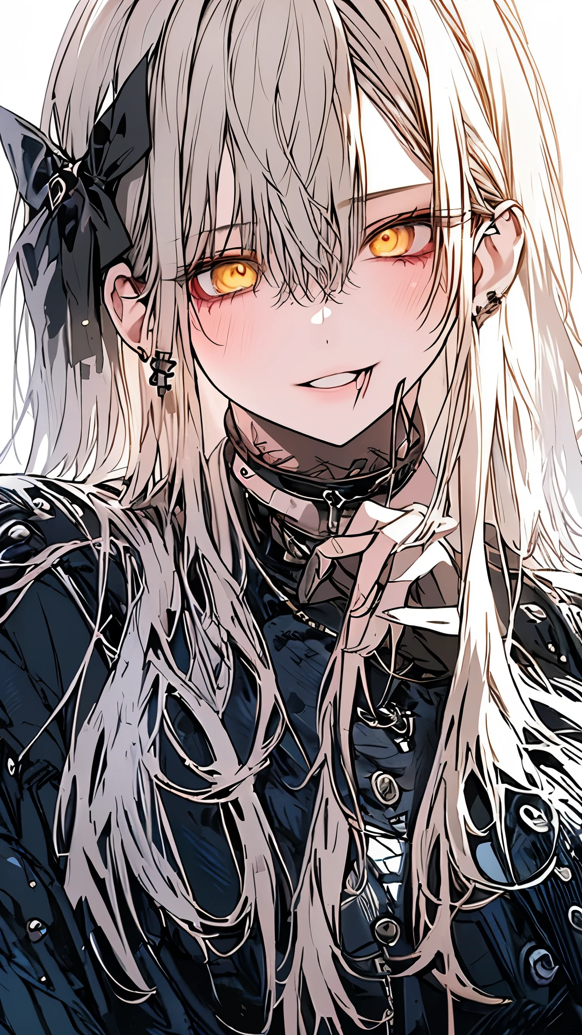 (Top resolution、Distinct_image)top-quality、A girl、​masterpiece、highly detailed, half body, Semi-realistic、yellow eyes 、18year old, silver hairs ,young 、Exquisite facial features、Facial features ,variation potrait, long  hairstyles,  , teenage, cool , cold sharp eyes, An expression of despair., Torn clothes, destroyed clothes, damaged clothing, all dirty, dirty, dirt, lifeless eyes, blood on face, , {Very detailed 8k CG unit wallpaper}, Handsome, solo, female, mafia, black shirt, white pant, white coat,