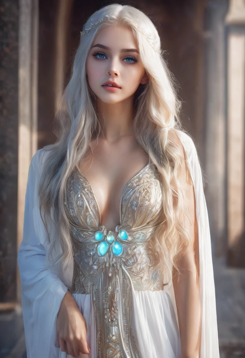 a beautiful Soul Young Woman,Withe sexy dress soul robe cloak, long hair, white hair, White dress, hyper-detailed, ultra-realistic, 8k, Shine crystal clear blue eyes, big eyes, make up goddess eyes, make up eyes souls,Goddess Soul, Beautiful joung woman face, beautiful joung woman 19 year old, beautiful joung woman 23 year old,Lipstick Rose - red. (Breast - Augmentation, Big Breasts and Chest Dize 95 Breasts beautiful, large and, XXL breast augmentation with 1000 ml big), (Subtle, energetic, radiant, shining, shimmering, vibrating, fluidic, crystalline, atmospheric, formless, misty, ghostly, light garment, energy aura, vibrational cloak, sexy spiritual garment, sexy cosmic dress, soul robe, strong very much light body, strong very much energy body, supernatural, divine, mythical, timeless).