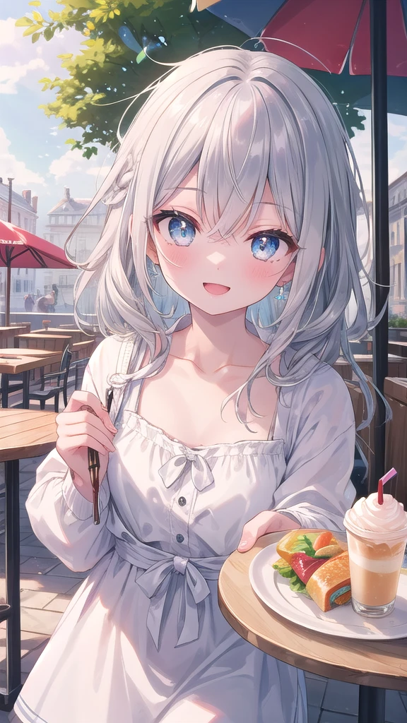 (8k, best quality, master piece: 1.2),super high resolution,1 girl, 独奏, colorshift eyes, hyperdetailed, expressive eyes, ultra-detailed face, Girly、Random hairstyle、silver gay hair, cafe,Terrace seats、 sunshine, Collarbone, Ecstatic expression, lunch