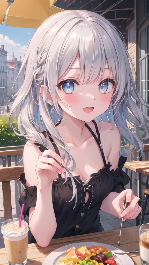 (8k, best quality, master piece: 1.2),super high resolution,1 girl, 独奏, colorshift eyes, hyperdetailed, expressive eyes, ultra-detailed face, Girly、Random hairstyle、silver gay hair, cafe,Terrace seats、 sunshine, Collarbone, Ecstatic expression, lunch