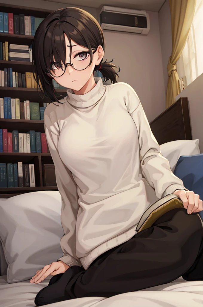 mature woman, hair over one eye, golden eyes, Tomboy, sitting on the ground, white sweater, black sweatpants, looking at viewer, bed, black short hair with a ponytail, books lying around, bedroom background, round glasses, bags under eyes, tired, reading a book