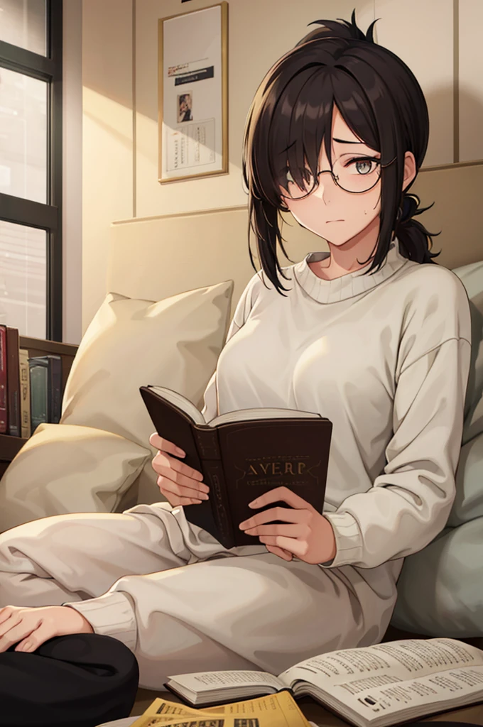 mature woman, hair over one eye, golden eyes, Tomboy, sitting on the ground, white sweater, black sweatpants, looking at viewer, bed, black short hair with a ponytail, books lying around, bedroom background, round glasses, bags under eyes, tired, reading a book