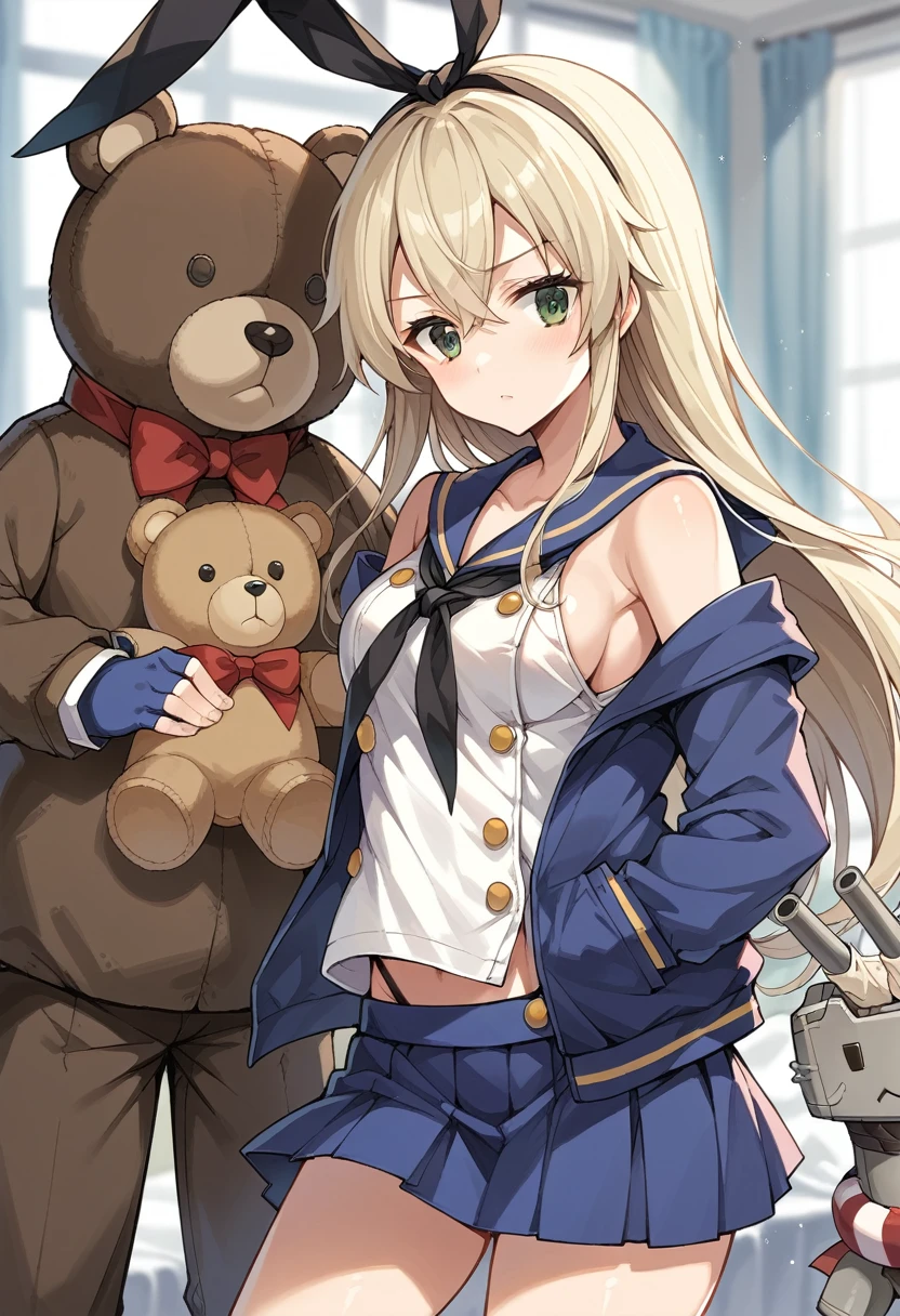 score_9,score_8_up,score_7_up,source_anime,cowboy shot,Idealized Forms,Natural Light,details background,blurry background,extremely detailed,1girl,1girl,a cartoon woman is holding a teddy bear and is about to drop it and it is falling, shimakaze(kancolle), 1boy, male focus, otoko no ko, stuffed toy, stuffed animal, blonde hair, teddy bear, gloves,fingerless gloves,hood, jacket,green eyes,skirt,solo,cuffs