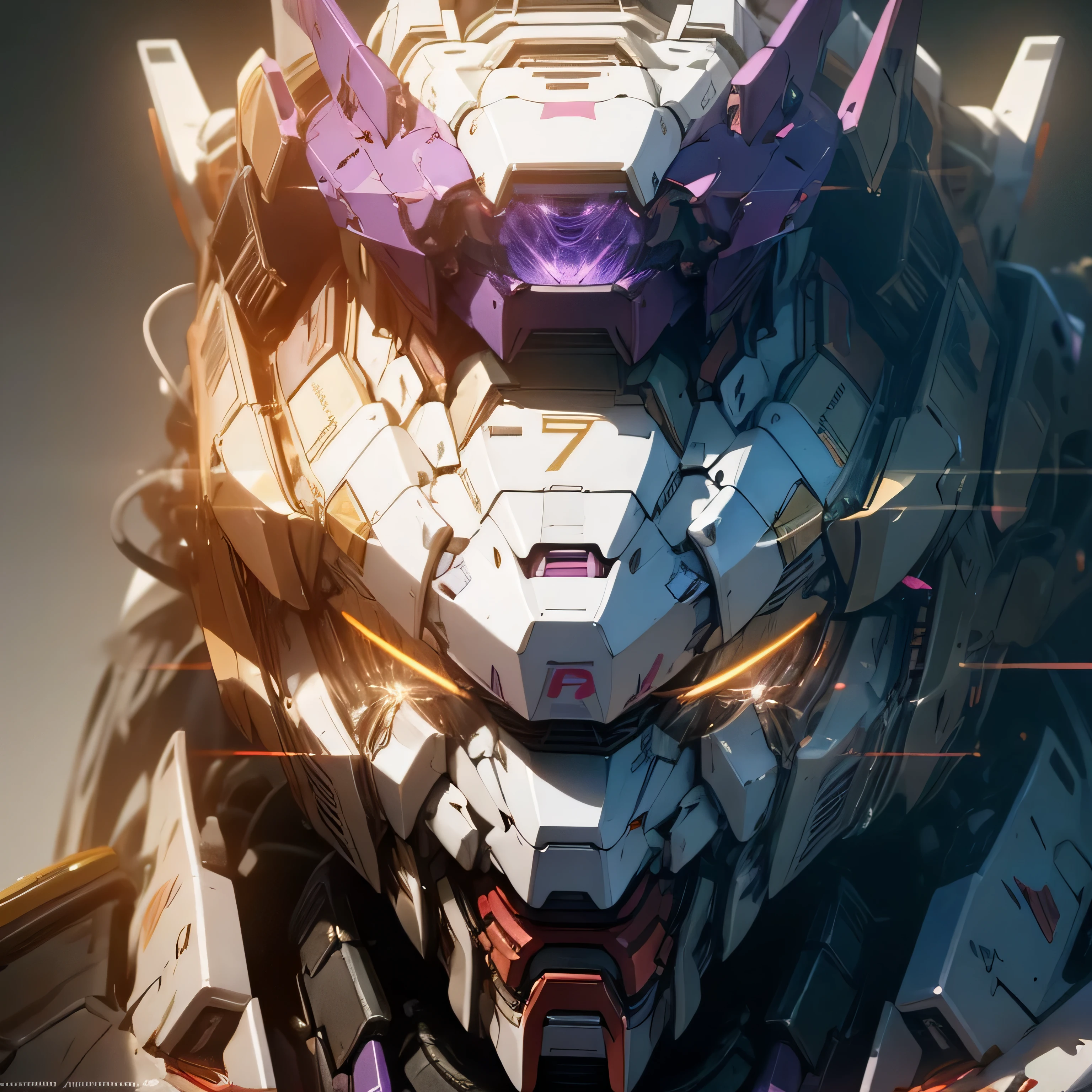 a close up of a purple and white robot's head with glowing golden eyes, gundam head diagonal view, by Krenz Cushart, # mecha, mecha inspired, mecha art, inspired by Krenz Cushart, gundam style, portrait of a mech, cool mecha style, vector shaded anime, on a gundam, alexandre ferra mecha, a close up of a robot with a hat on its head, gundam head, gundam style, extreme gundam, ferra white mecha, gundam, barbatos gundam, gundam armor, gundam robot, cool mecha style, modern mecha anime, gundam wing style armor, alphonse mush