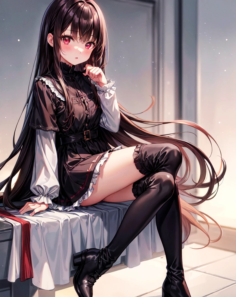 (best quality,high resolution,Beautiful detailed eyes,White lighting:1.2),red eyes, looking at viewer, long hair, black hair, long boots, black footwear, blush, sitting, long sleeves, bangs, parted lips, black hair, dress, knees up, brown hair, white skirt, frills, skirt,thighs, sidelocks,