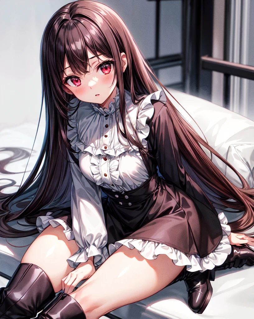 (best quality,high resolution,Beautiful detailed eyes,White lighting:1.2),red eyes, looking at viewer, long hair, black hair, long boots, black footwear, blush, sitting, long sleeves, bangs, parted lips, black hair, dress, knees up, brown hair, white skirt, frills, skirt,thighs, sidelocks,