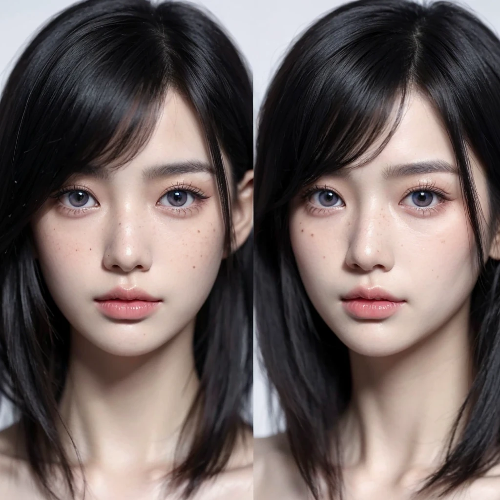 Closeup of an Asian woman with long black hair, grayish blue eyes, thin face, pale skin pastel pink, South Korean popular makeup, freckles on the cheeks 