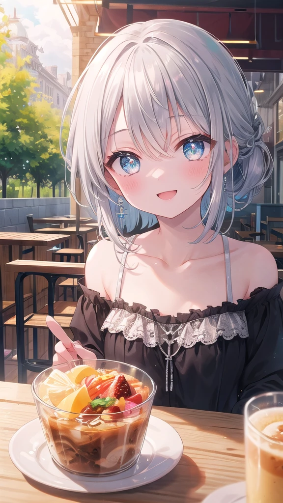 (8k, best quality, master piece: 1.2),super high resolution,1 girl, 独奏, colorshift eyes, hyperdetailed, expressive eyes, ultra-detailed face, Bohemian style、Random hairstyle、silver gay hair, cafe,Terrace seats、 sunshine, Collarbone, Ecstatic expression, lunch
