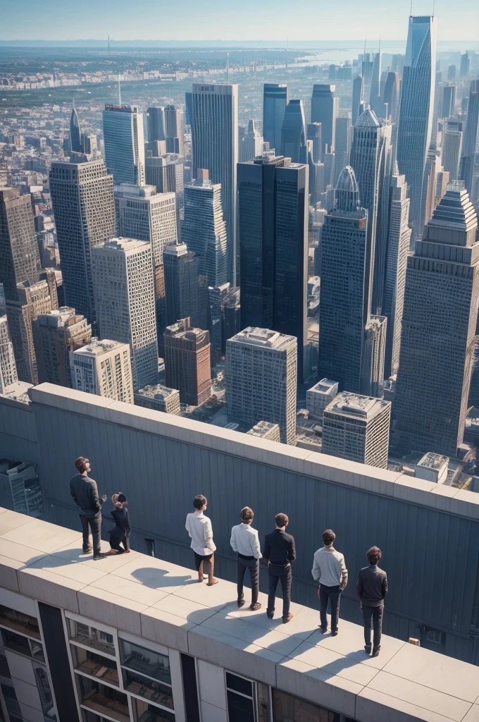 4 friends on top of a building, they are looking at a city in the background, in the suburbs, photo realist 