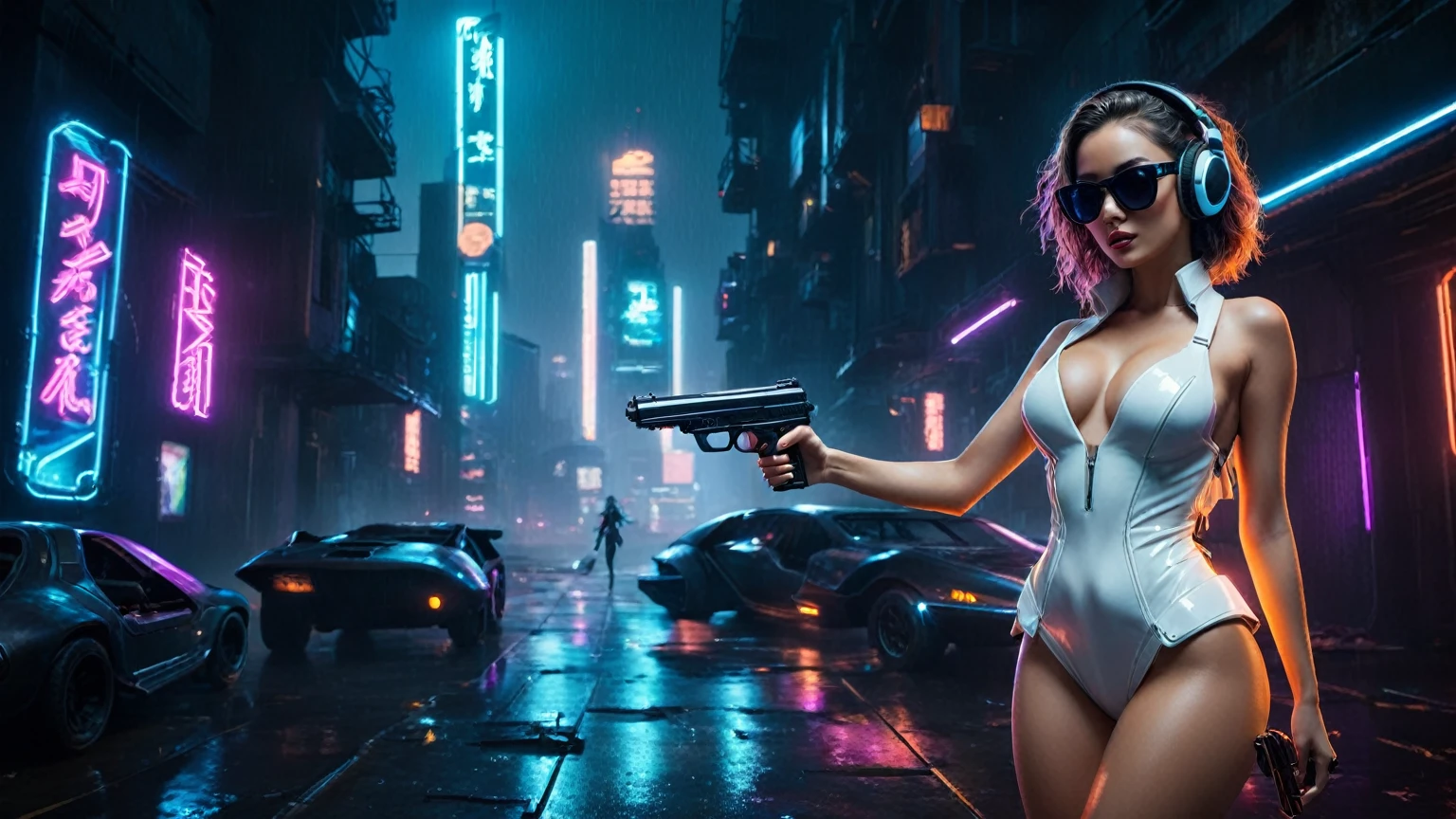 (aerial view, a flying cars docking platform, a very dark abandoned futuristic city, neon lights), rainy night. (((1girl, solo, alone))), large-breast:1.2 slim body, cleavage:1.1, sexy wind blowing wet dress:1.4, (((headphone, black sunglasses, standing and holding pistol:1.8, dynamic rushing pose))), (((((half-body thigh level medium shot))))), cinematic lighting, lens flare, ray tracing.