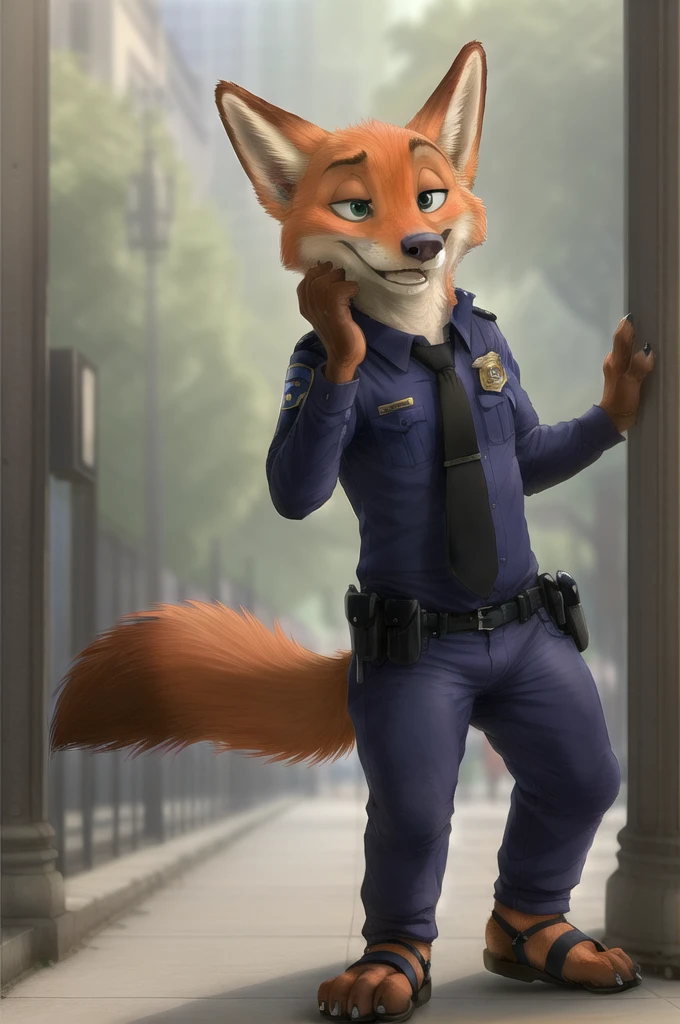 (energetic, by honovy, от zenthetiger, from Sausch), Nick Wilde, female fox, One, tie, safe, dressed, green eyes, police uniform,pink heeled sandals, standing, city, street, Moscow