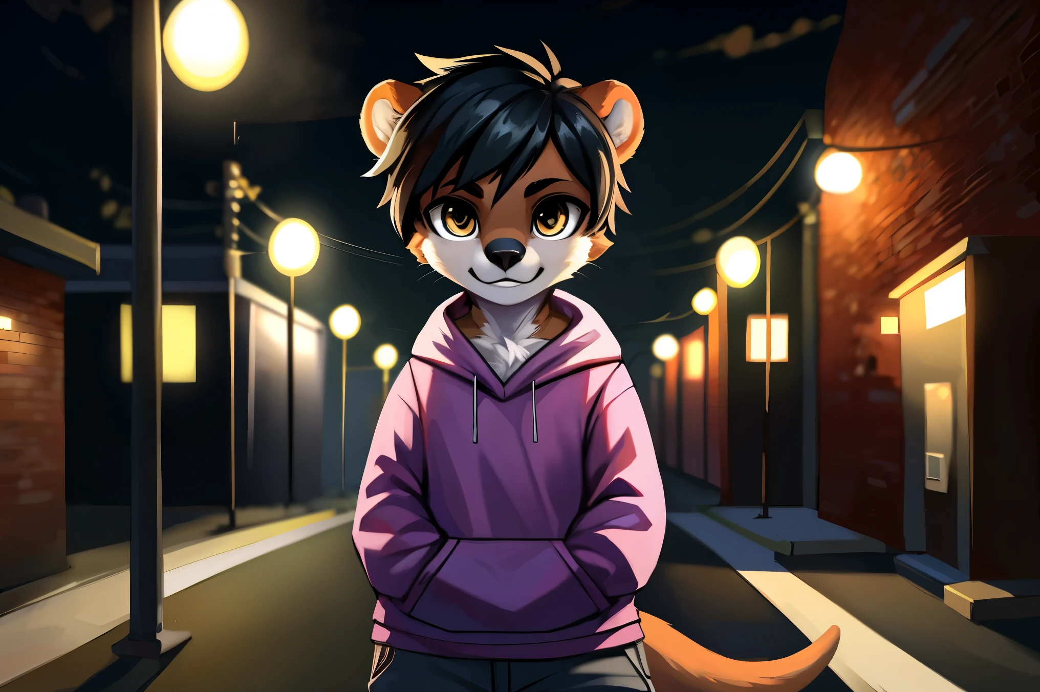 ((otter)), solo, nude, light brown fur, ((hazel eyes)), short hair, (black hair), light pink hoodie, light grey pants, standing, city background, skyscrapers, street, sidewalk, looking at viewer, (up close). Very good figure, best quality, highres, 16k, Natural soft light, Tyndall effect, Advanced film lighting, Unreal Engine5, Extremely realistic, A high resolution, perfect masterpiece, high quality, high resolution