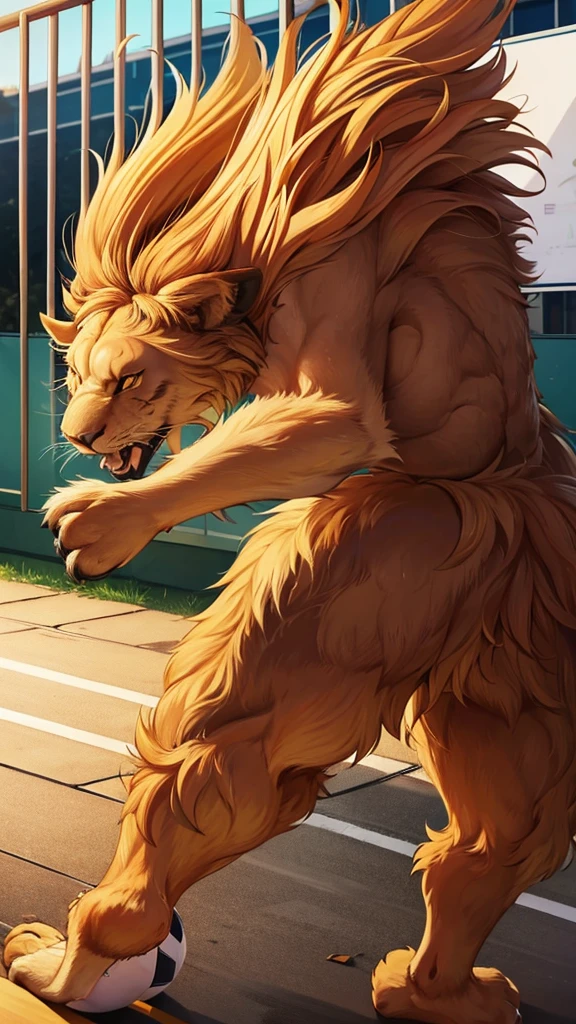 A Lion beast. Humanoid body. Playing soccer