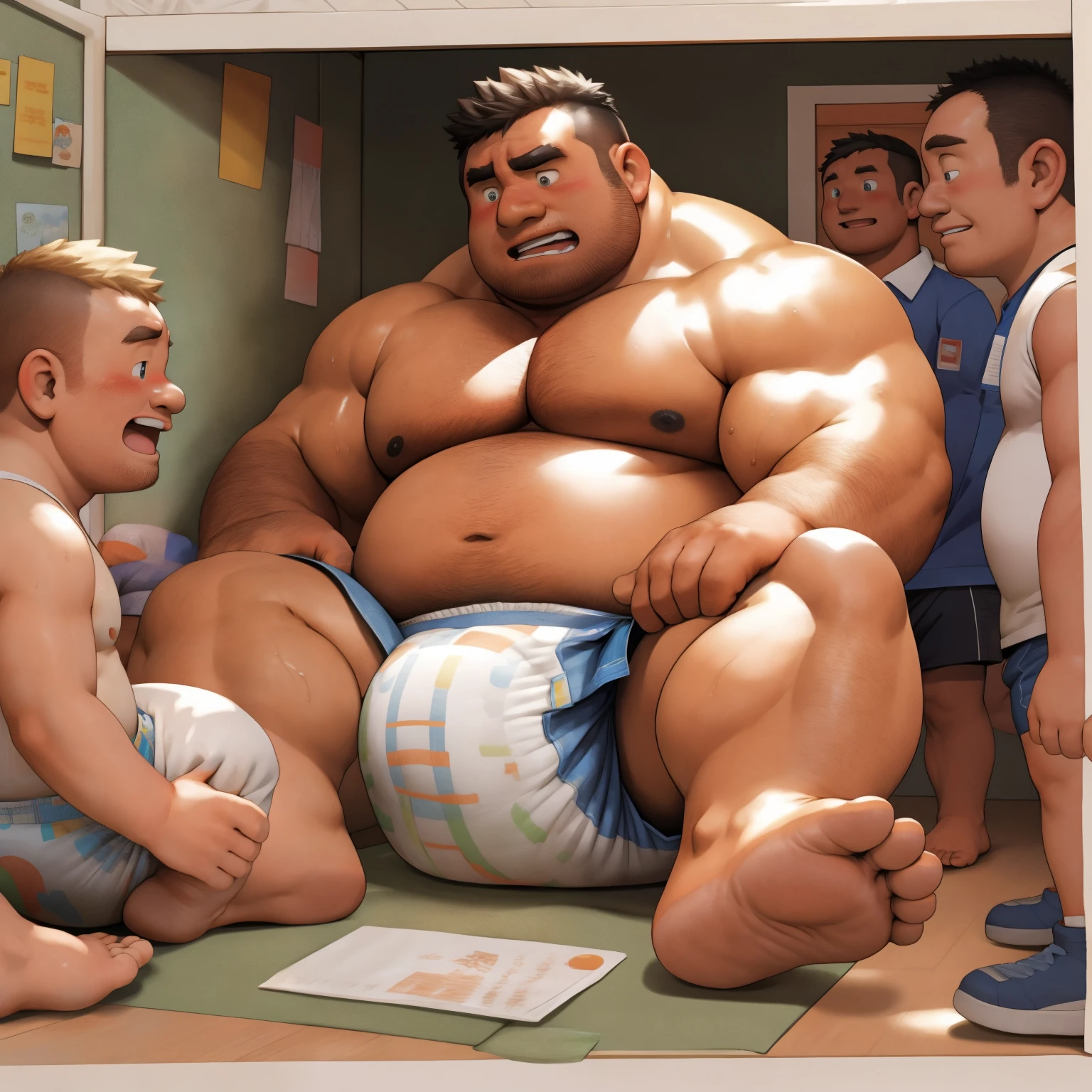 masterpiece, Top quality, in 32K, perfect anatomy, hyper detailed, super fine illustration, The thick man is a brutal prisoner, retarded, hairy human, 50yo in Japan, (fatness: 1.0), Fatty muscle, Bowleg, disappointment, incontinent, shy, sissy, Weaker than children, Drool, Round face, be diaper check by children, waddle, There is a small puddle under him, incontinent, Naked, short legs, Bowleg, spread legs, wear a White cloth Diaper, Bare belly, Bare legs, Bare foots, Bare soles, Shirtless, wide forehead and short thinning hair, Man with round face with stubble, Bare foots, Bare soles, He enters nursery school and is despised by children, He surrounded by children, His bottom is wet, Bare foots, big butt, he is scolded by the children, White Diaper, He surrounded by children, sobbing, wear a White cloth Diaper, shirtless, There is a small puddle under him, He enters nursery school and is despised by children, big butt, sobbing, He crawling to go to children, on all fours, side view