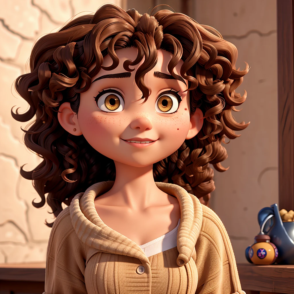a Mexican woman with curly hair and brown eyes