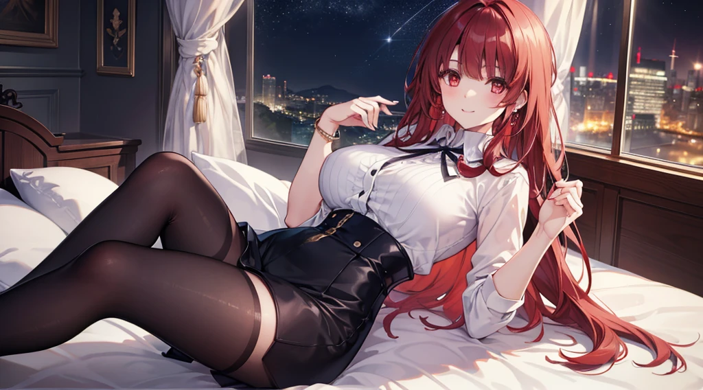 Highest quality, masterpiece, figure, wallpaper,One girl,White shirt, Light Hair, Beautiful detailed girl, Highly detailed eyes and face, Beautiful attention to detail, Shine,Browsing Caution, View your viewers, bed, night, Black Pantyhose, Straight hair, Red Eyes, long hair,Red Hair, thick_Thighs, Large Breasts, Red eyes,Sitting,beautiful finger, clear background, deep night, Lying down、smile、Big earrings、bracelet