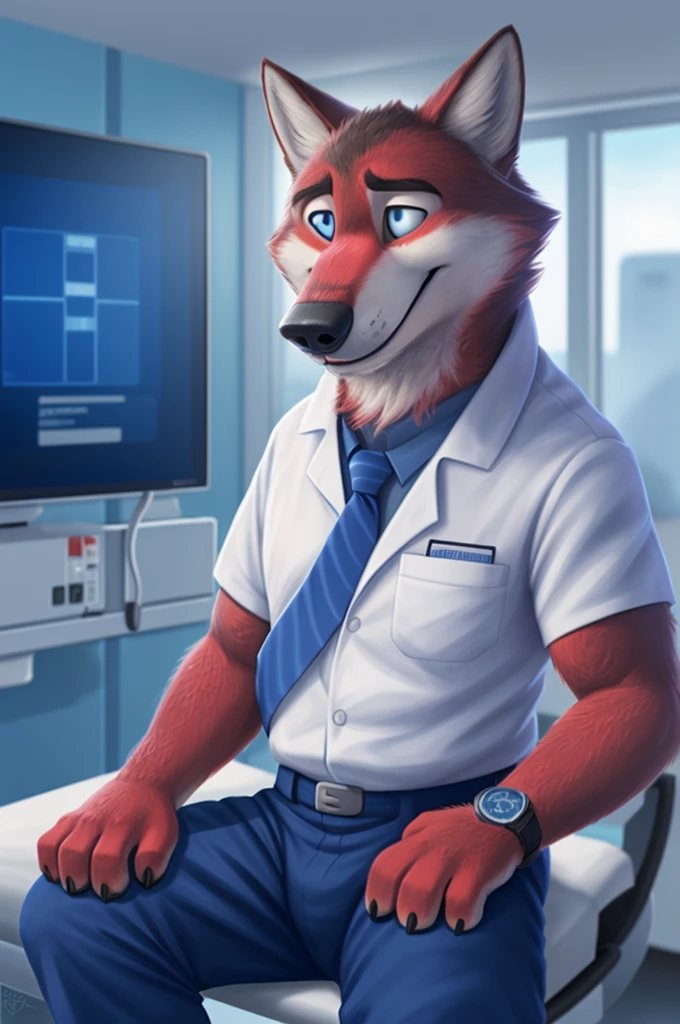 Joachim Wolfbach (Zootopia),tall handsome, wolf,young, 24 years, brown fur,(red body:1.3),Blue eyes, Moscow Dressed, red headdress,in a white medical gown,shirt pants,tie,black pantsblue, stethoscope, pediatrician,canine, wolf, detailed fur, Male, antro, paw pads, finger claws,Prays, at viewer, 5 fingers, paws, 5 fingers, smile, happy, resting, wrist watch,stethoscope,looks at the monitors, т nextel, sitting at home in the medical intensive care unit,by xenoforge, (difficult, high detail, digital, photo, soft focus, RAW, pilot by training,ulba,tender, very kind, sincere, advises, patient, детский pediatrician,holding a wolf cub, 
photorealism, realistic, photorealistic, analog style, subsurface scattering, 
masterpiece, Best quality, ultra realistic, 8 K)