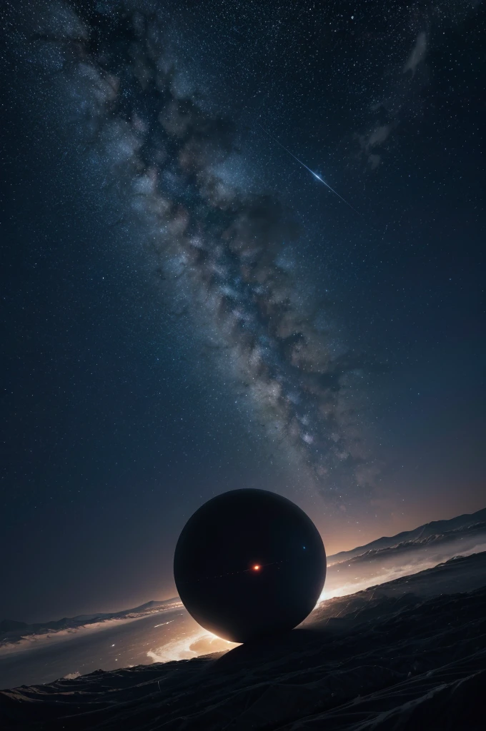 Give me an anime night sky where it is starry and luminous, with a star in the sky orbiting next to a black hole with two moons