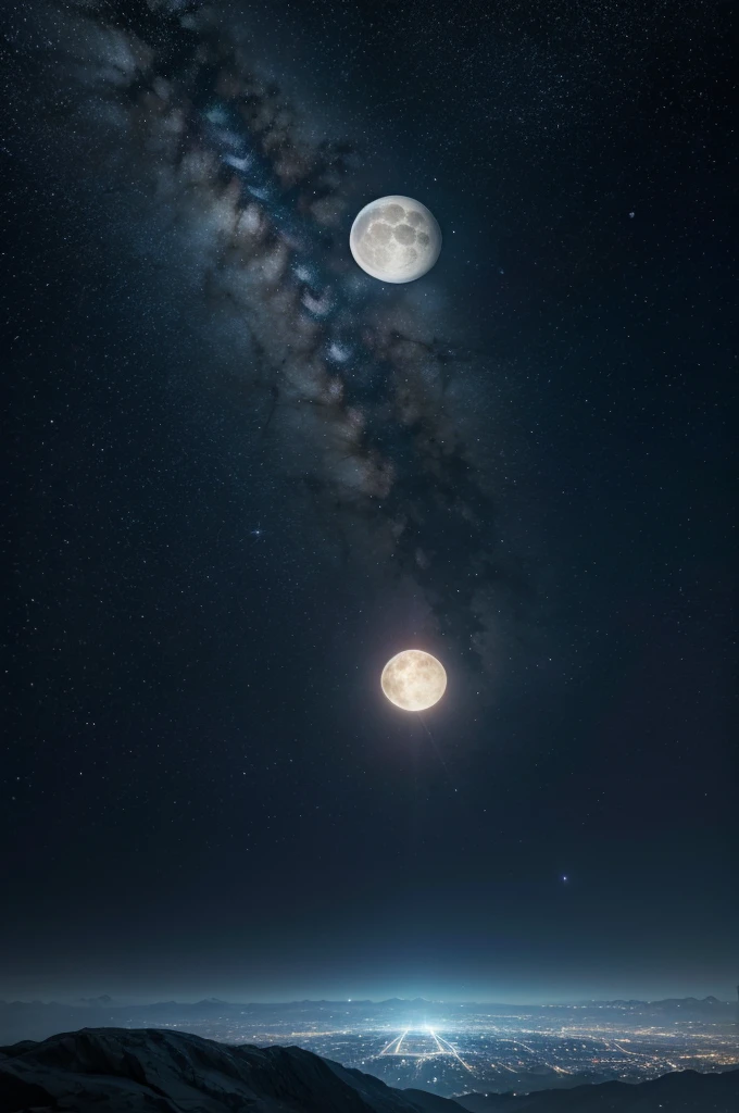 Give me an anime night sky where it is starry and luminous, with a star in the sky orbiting next to a black hole with two moons