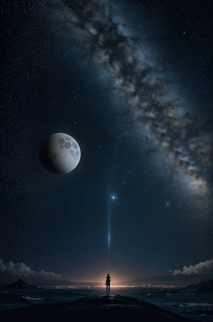Give me an anime night sky where it is starry and luminous, with a star in the sky orbiting next to a black hole with two moons