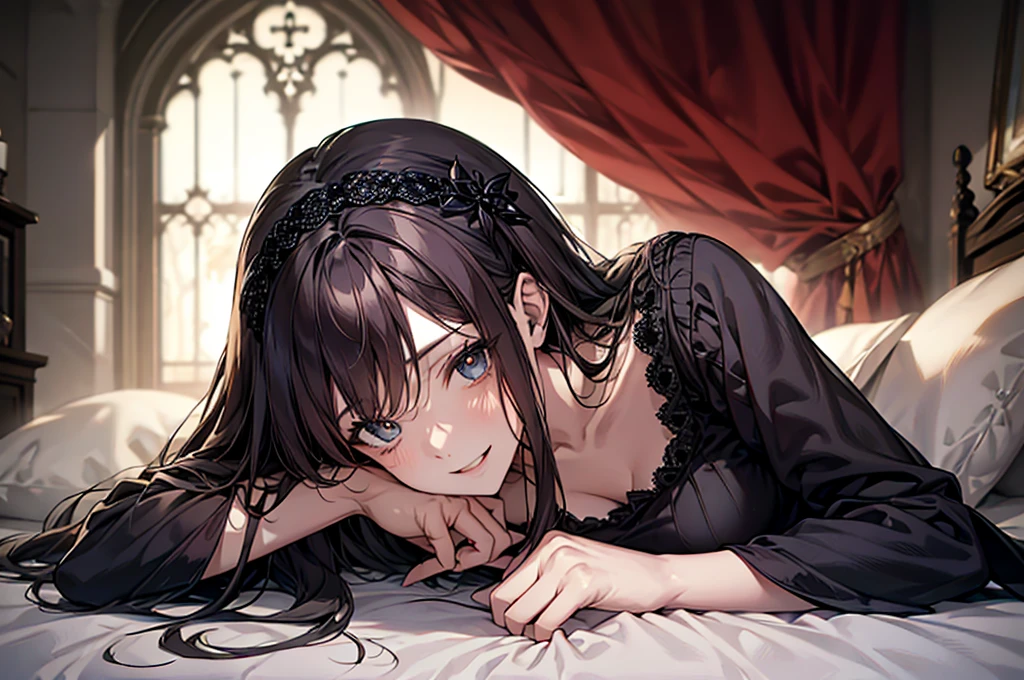 (Biologically correct limb count)、Full body, including face、4K、masterpiece、Focus on the face、Well-proportioned facial features、Delicate descriptive eyes、Beautiful woman、Excellent style、(head band、red gothic dress、High heels)、(smile)、(Close-up photo of the upper body)、look up、Photos with white borders、Looking into the camera、Lie down in bed、