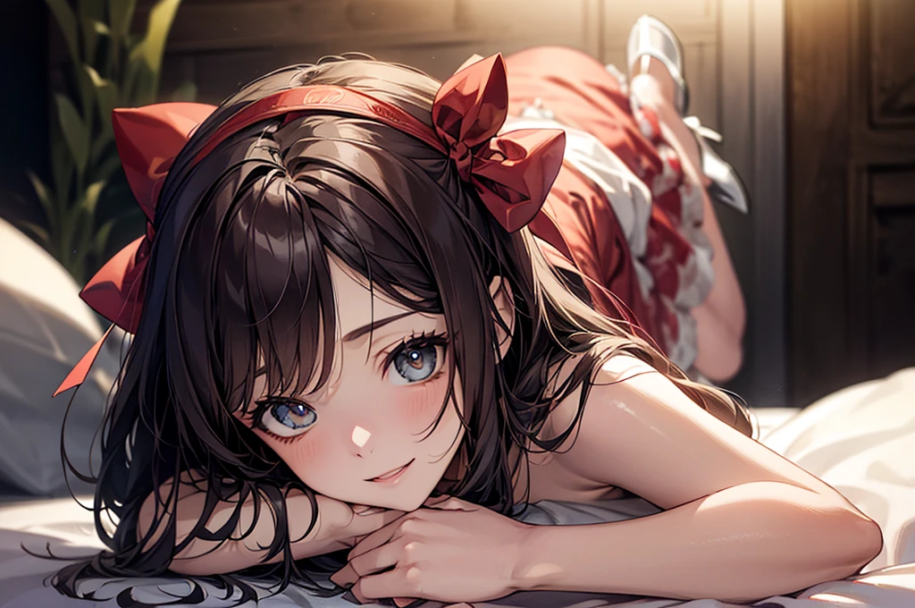 (Biologically correct limb count)、Full body, including face、4K、masterpiece、Focus on the face、Well-proportioned features、Delicate descriptive eyes、Beautiful woman、Excellent style、(head band、red gothic dress、High heels)、(smile)、(Close-up photo of the upper body)、look up、Photos with white borders、Looking into the camera、Lie down in bed、
