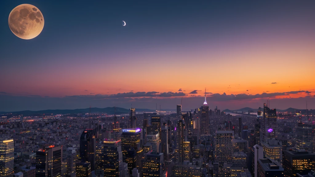 Create an image based on the provided cityscape at twilight. Maintain the overall composition with the following key elements:
A crescent moon in the upper part of the image, glowing against a deep purple sky.
A vibrant sunset sky transitioning from purple to orange near the horizon.
A detailed cityscape with illuminated skyscrapers and buildings.
The sun visible as an orange orb just above the horizon.
Important: Do not include any text or logos in the image. The area below the crescent moon should be clear of any writing, leaving only the sky visible.
Preserve the atmospheric lighting, color palette, and photorealistic style of the original image. Ensure the transition from day to night is seamless and the city lights are starting to twinkle in the twilight.