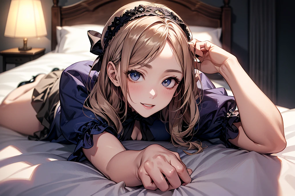 (Biologically correct limb count)、Full body, including face、4K、masterpiece、Focus on the face、Well-proportioned facial features、Delicate descriptive eyes、One beautiful woman、Excellent style、(head band、Gothic Lolita、Blue clothes、High heels)、(smile）、(Close-up photo of the upper body）、look up、Photos with white borders、Looking into the camera、Lie down in bed、